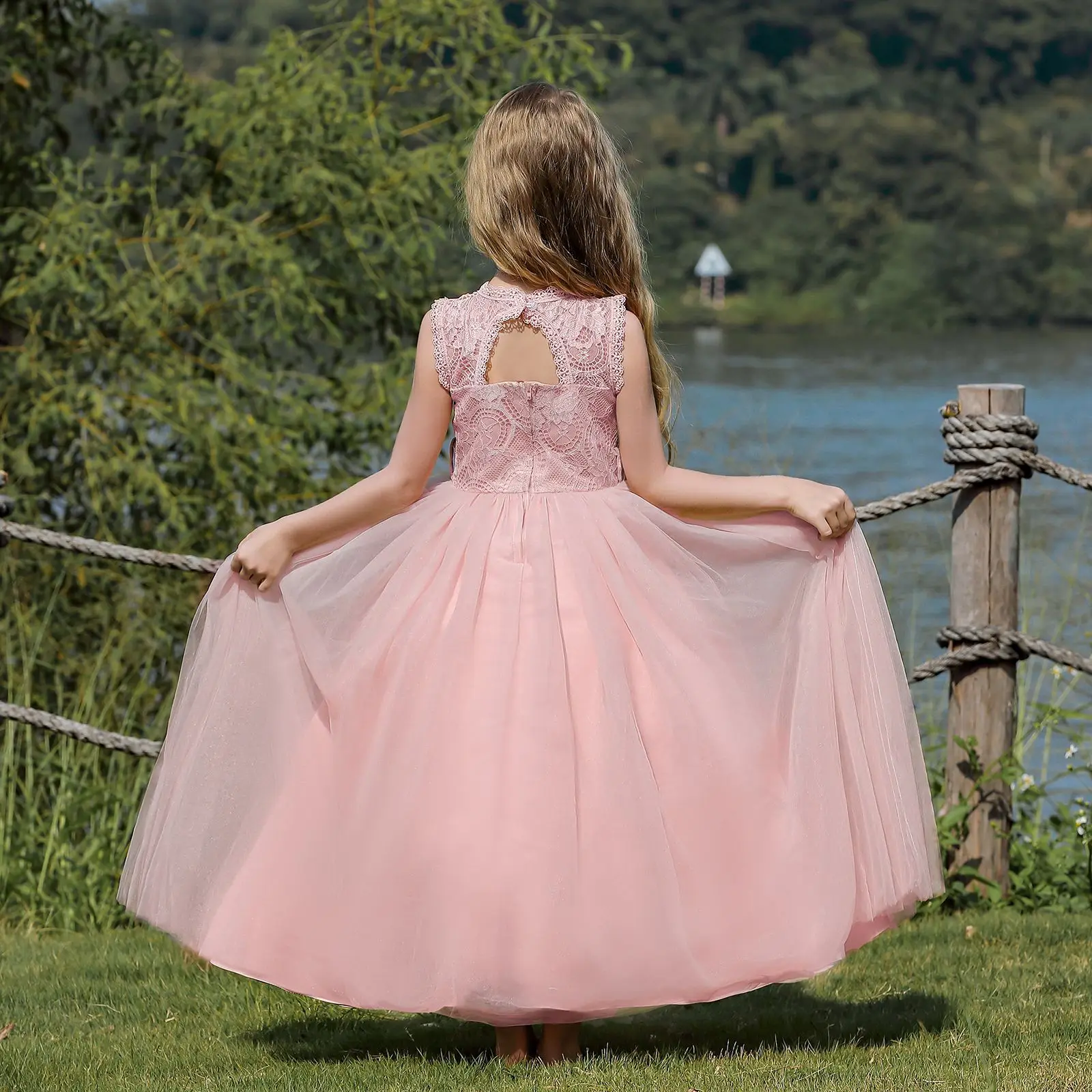 

Little Big Girls Keyhole Back Lace Flower Girl Birthday Party Formal Dress Long Formal Pageant Dress 7791