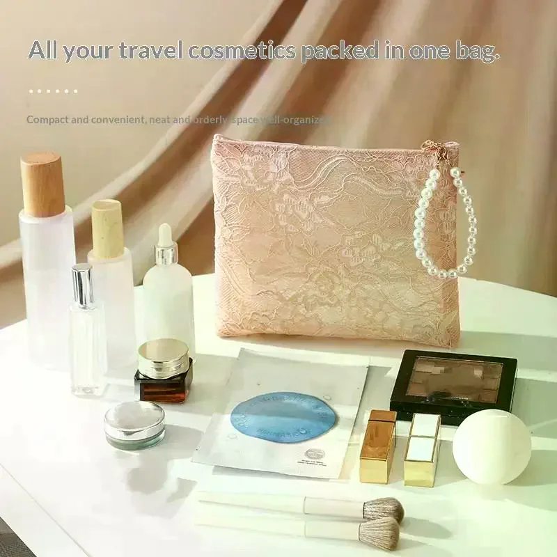 Lace Cosmetic Bag With Pearl Wrist Strap And Semi Transparent Design Perfect For Daily Makeup Storage Travel Use