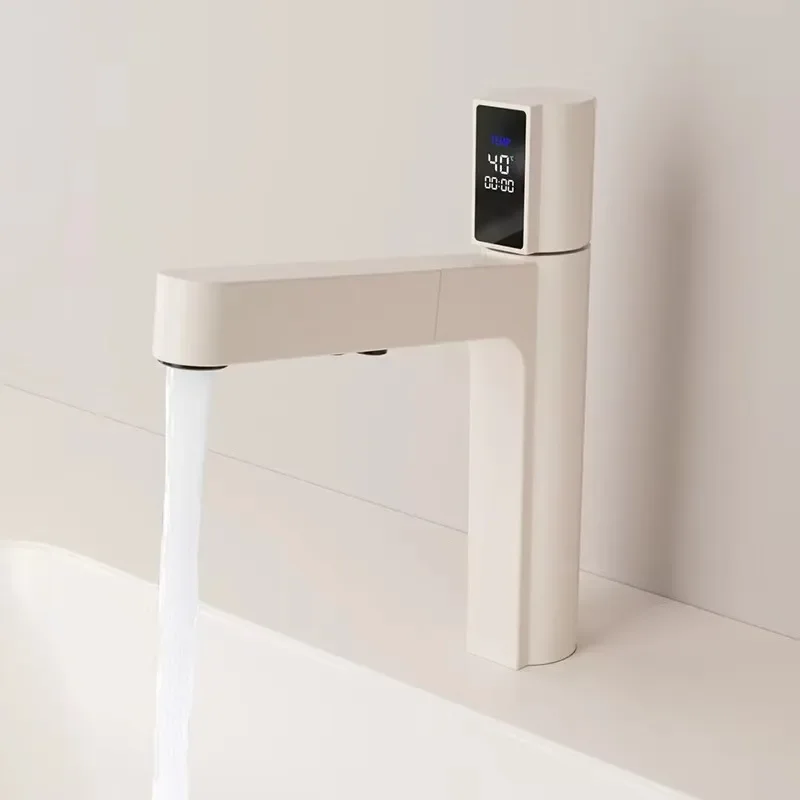 Copper Digital Display Basin Faucet Milk White Gun Gray Hot and Cold Pull Out Tap for Household Bathroom Wash Basin