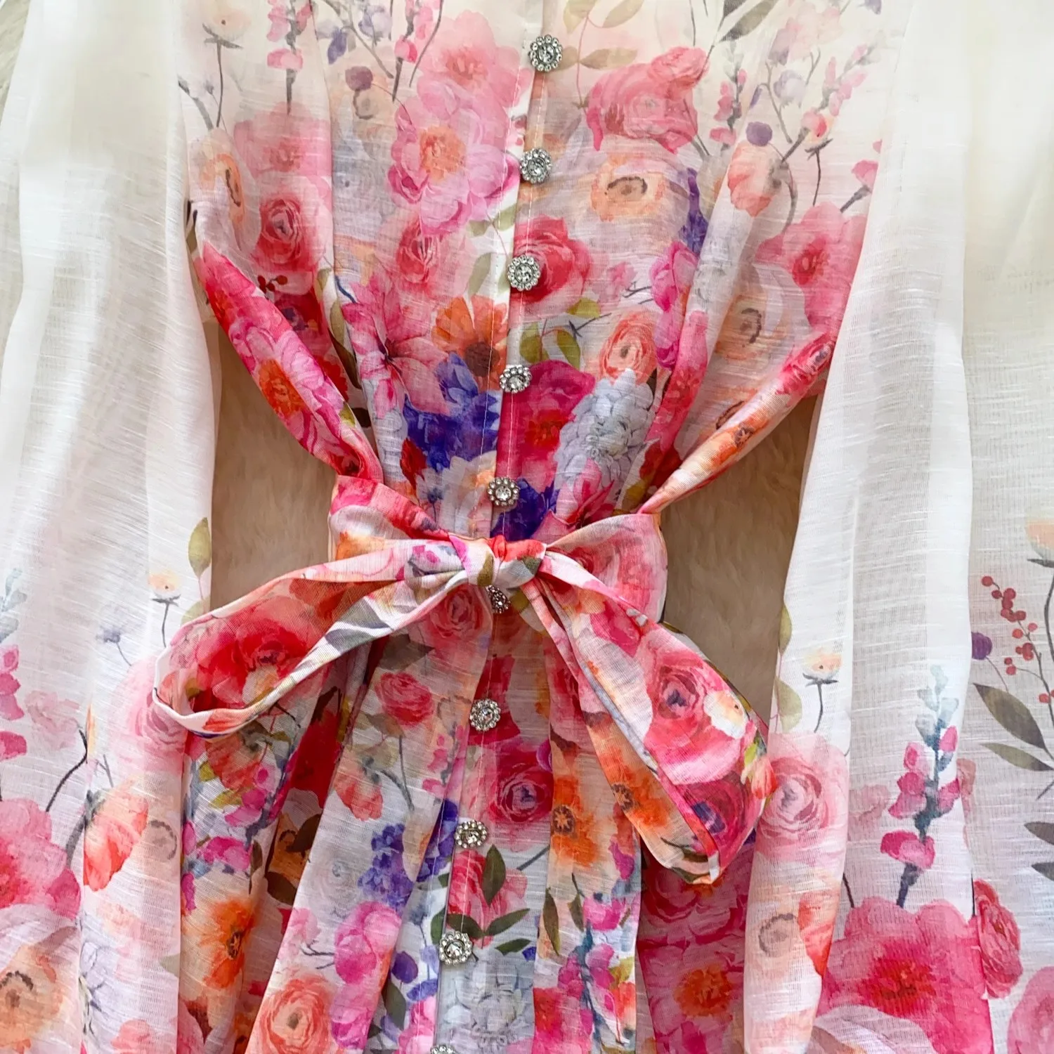 Sommer Urlaub Wunderschöne Blume Strand Kleid Weibliche Lange Laterne Hülse Stehkragen Einreiher Gürtel Spitze Up Party Vestidos