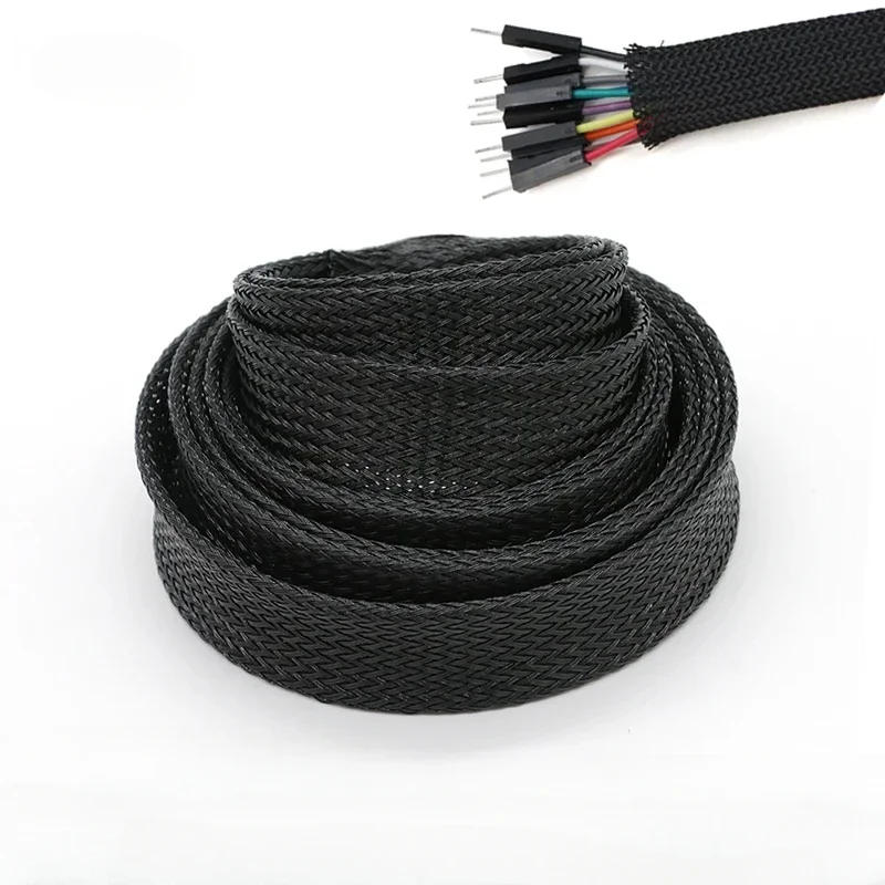 Black PET Braided Cable Sleeve 2/4/6/8/10/12/14/16/20/30 - 60mm Expandable High Density Insulated Cables Protection Wrap Sheath