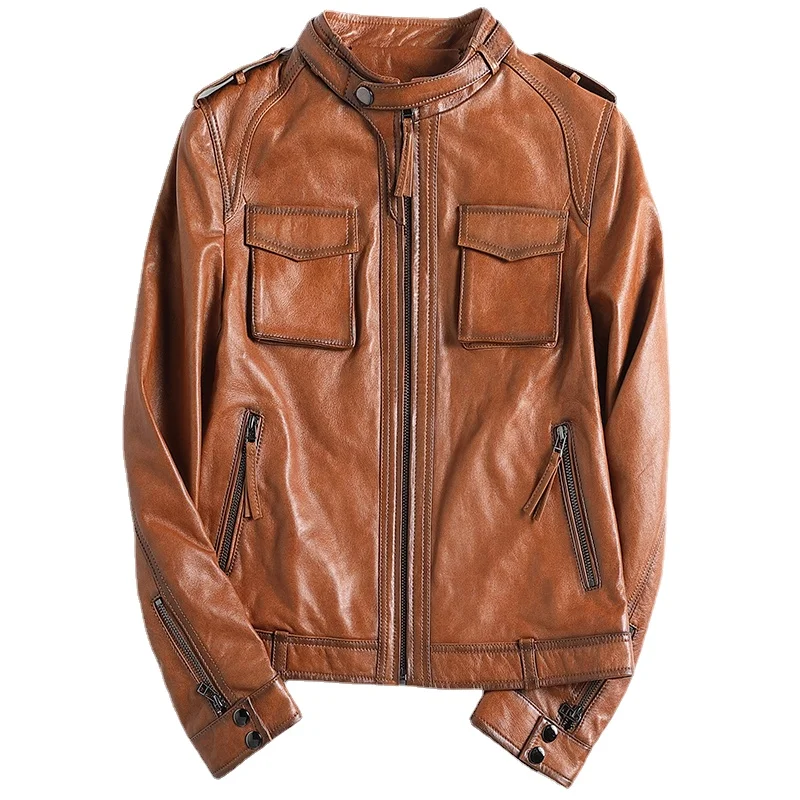 Genuine Leather Motorcycle Jacket Womens Short Spring and Autumn Large Size Leather Coat Woman Real Sheepskin Clothes