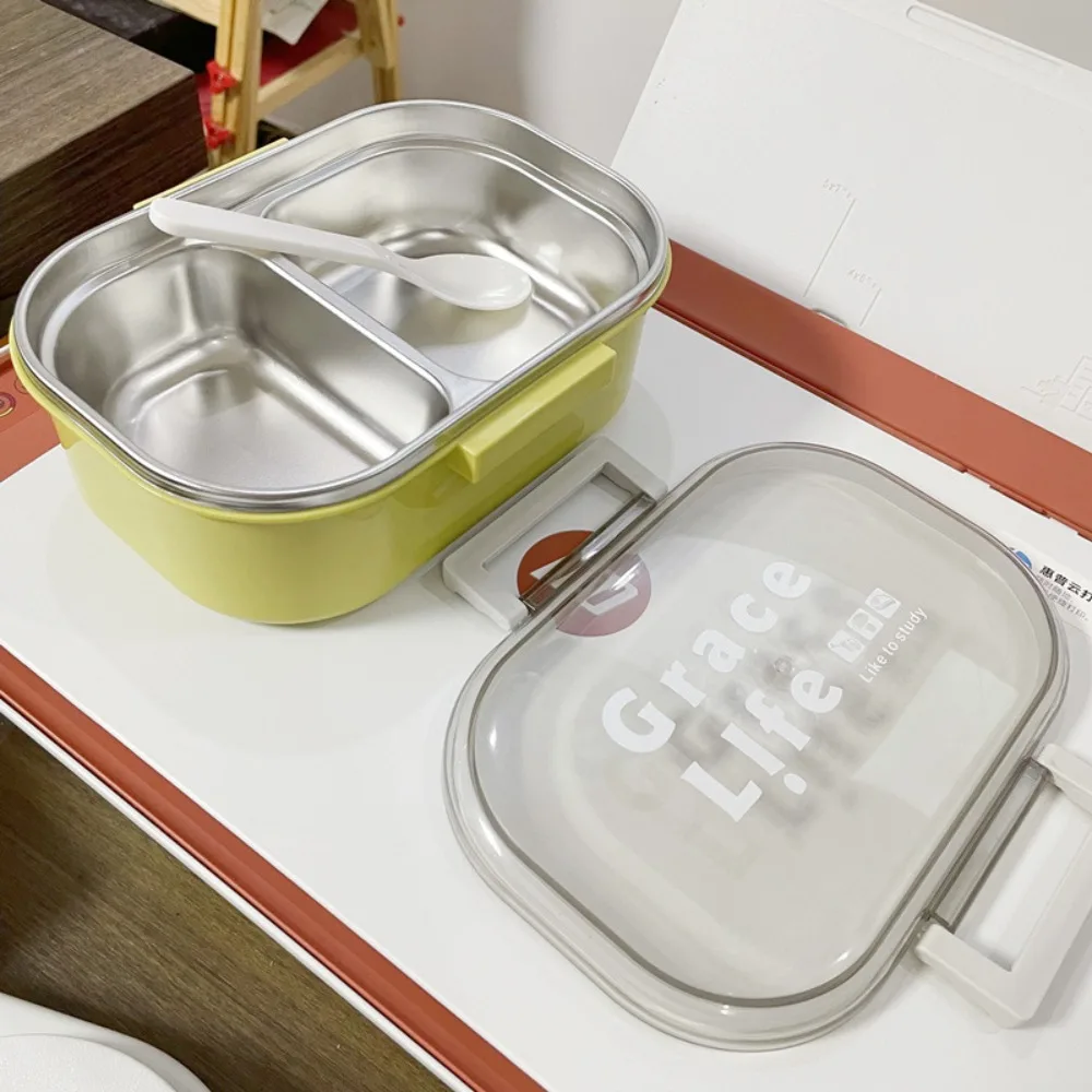 Good-looking Stainless Steel Lunch Box Korean Two-compartment Food Storage Box with A Spoon Rectangle Food Container