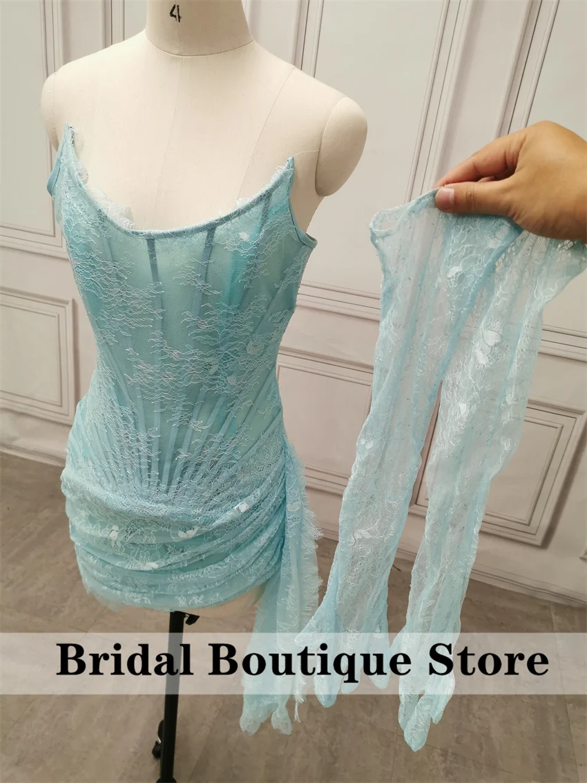 Sexy Blue Lace Prom Dresses with Gloves For Black Girls Corset Birthday Mini Cocktail Party Homecoming Gowns Customized