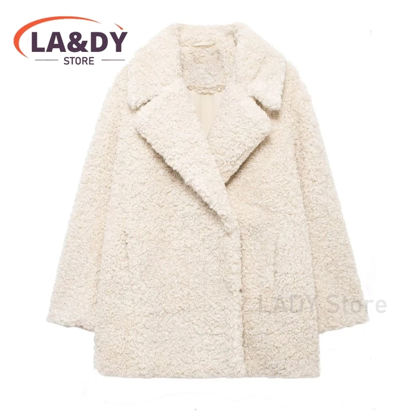 Faux Fur Coat Women 2024 Autumn Winter Fashion Female Casual Loose Lapel Long Sleeve Pocket Tops Outerwear