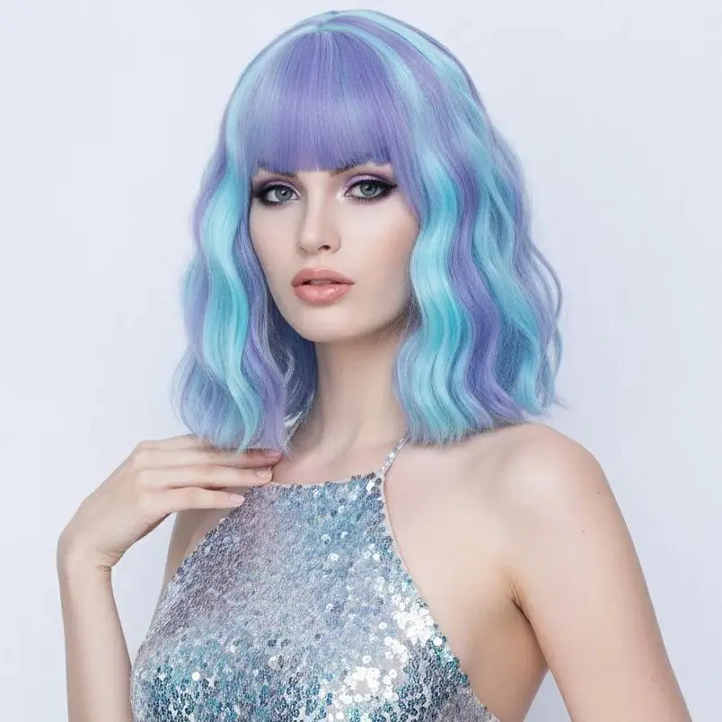 

Женский парик Ombre Bob, синие короткие синтетические парики для косплея, глубокая волна, мелированные волосы для вечеринки для девочек