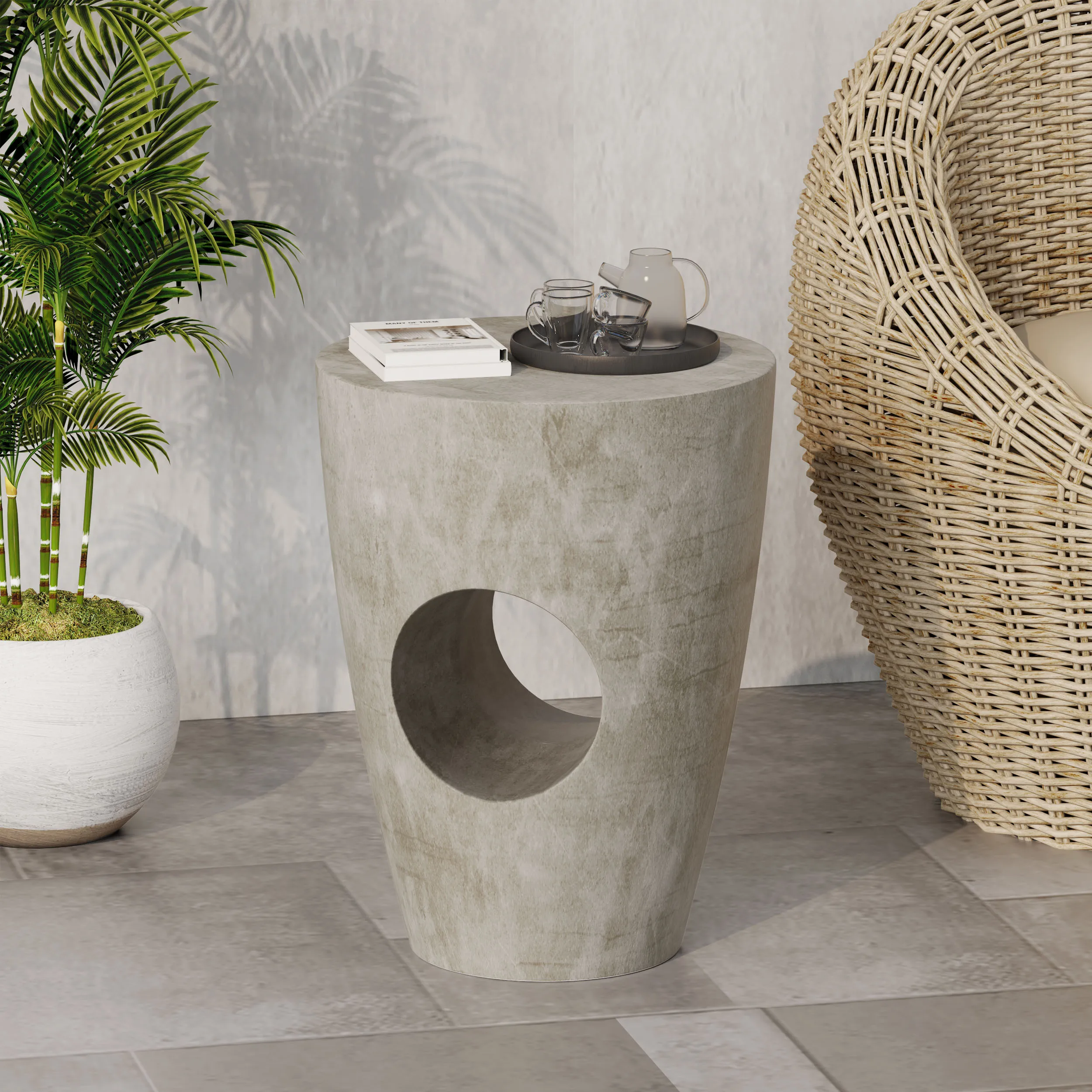 Side Table main material is magnesium oxide, which is durable and also enhances the visual appeal of the courtyard or courtyard