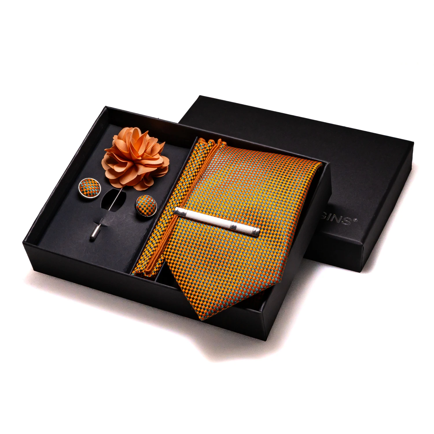 Orange Plaid Silk Wedding Tie For Men Hanky Cufflinks Luxury Gift Box Set Mens Necktie Fashion Business Party Gravat Accessories