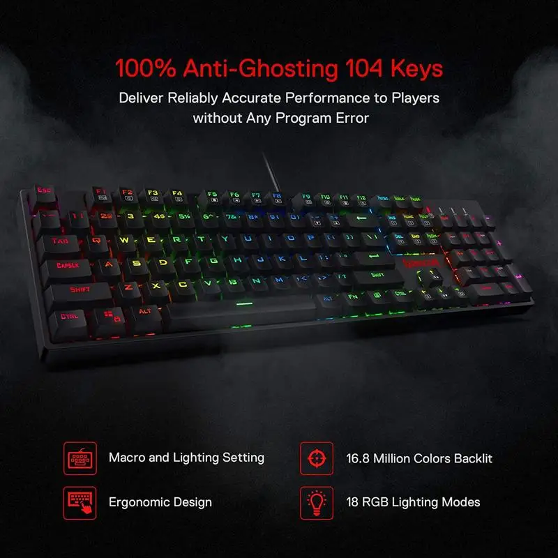 Imagem -02 - Redragon-surara Rgb Led Retroiluminado Teclado Mecânico para Jogos K582 104 Teclas Interruptores Lineares Silenciosos-vermelhos