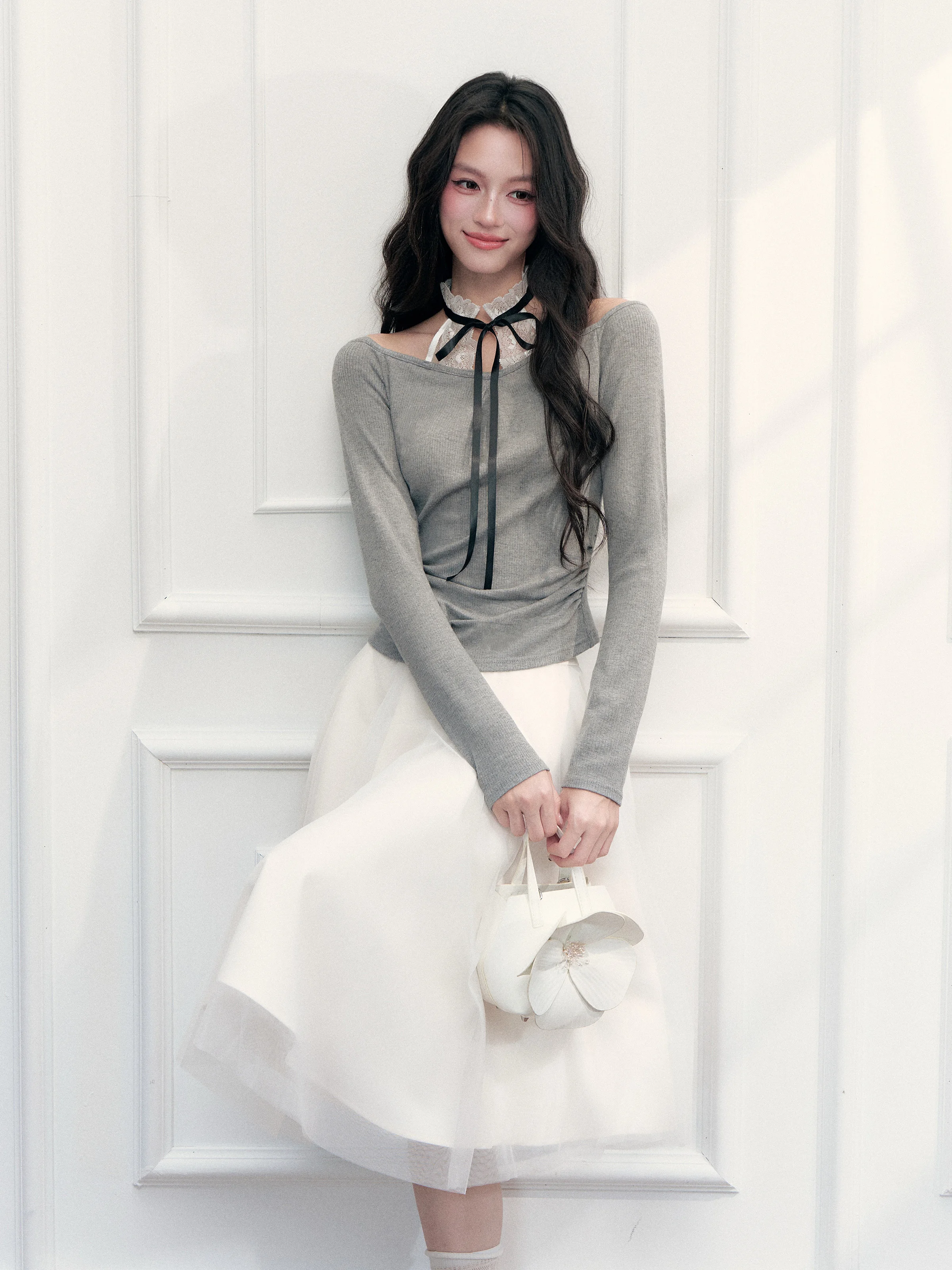 Fragile Heart Korean Style Lace Splicing Knitted T-Shirt Belted Hanging Neck Slim Fit Top for Autumn And Winter