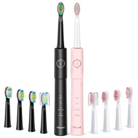 Fairywill Sonic Electric Toothbrush E11 Waterproof USB Charge With 8 Brush Replacement Heads Black and Pink Set for Couple
