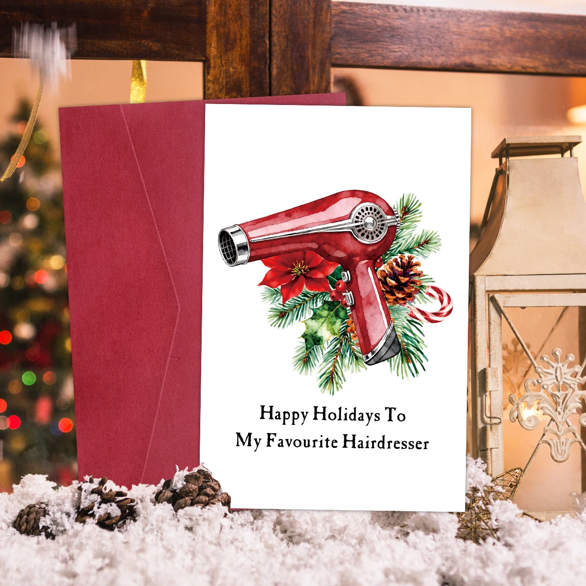 1 Stück roter Haartrockner im Vintage-Stil, Weihnachtsgrußkarte mit grünen Tannenzweigen und Zuckerstangen-Design, „Happy Holidays To My Fav