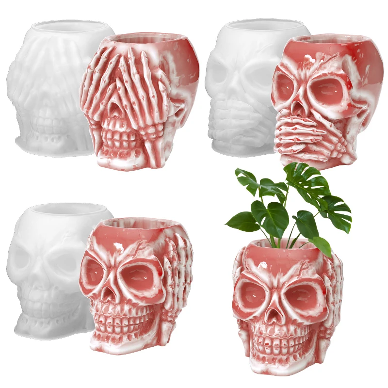 3D Skull Silicone Mold Concrete Flowerpot Pen Holder Candle Mould DIY Epoxy Gypsum Plaster Making Mold Handmade Craft Home Decor