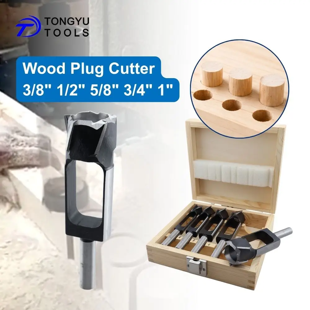 Wood Plug Cutter Set 3/8 1/2 5/8 3/4 1 Inch Extra Long Round Shank Dowel Maker for Drill Press Woodworking