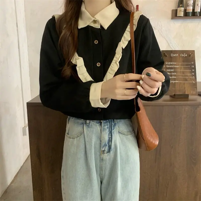 Langarm-Shirts für Damen, Chiffon, gerüscht, Knopfleiste, Blusen, Drehkragen, schmale Passform, feminin, französischer Stil, lässig, Herbst-Looks