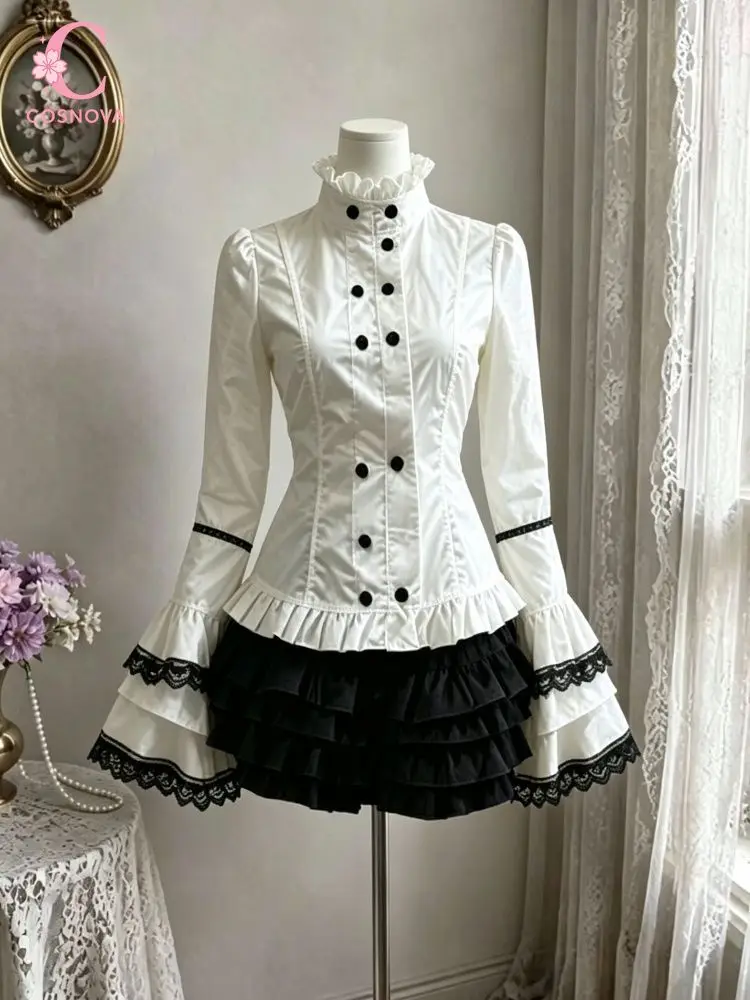 Vintage Court Style 2 Piece Set Women Lace Ruffle Bell Sleeve Button High Waist Mini Skirt Slim Fit Elegant Party Outfit