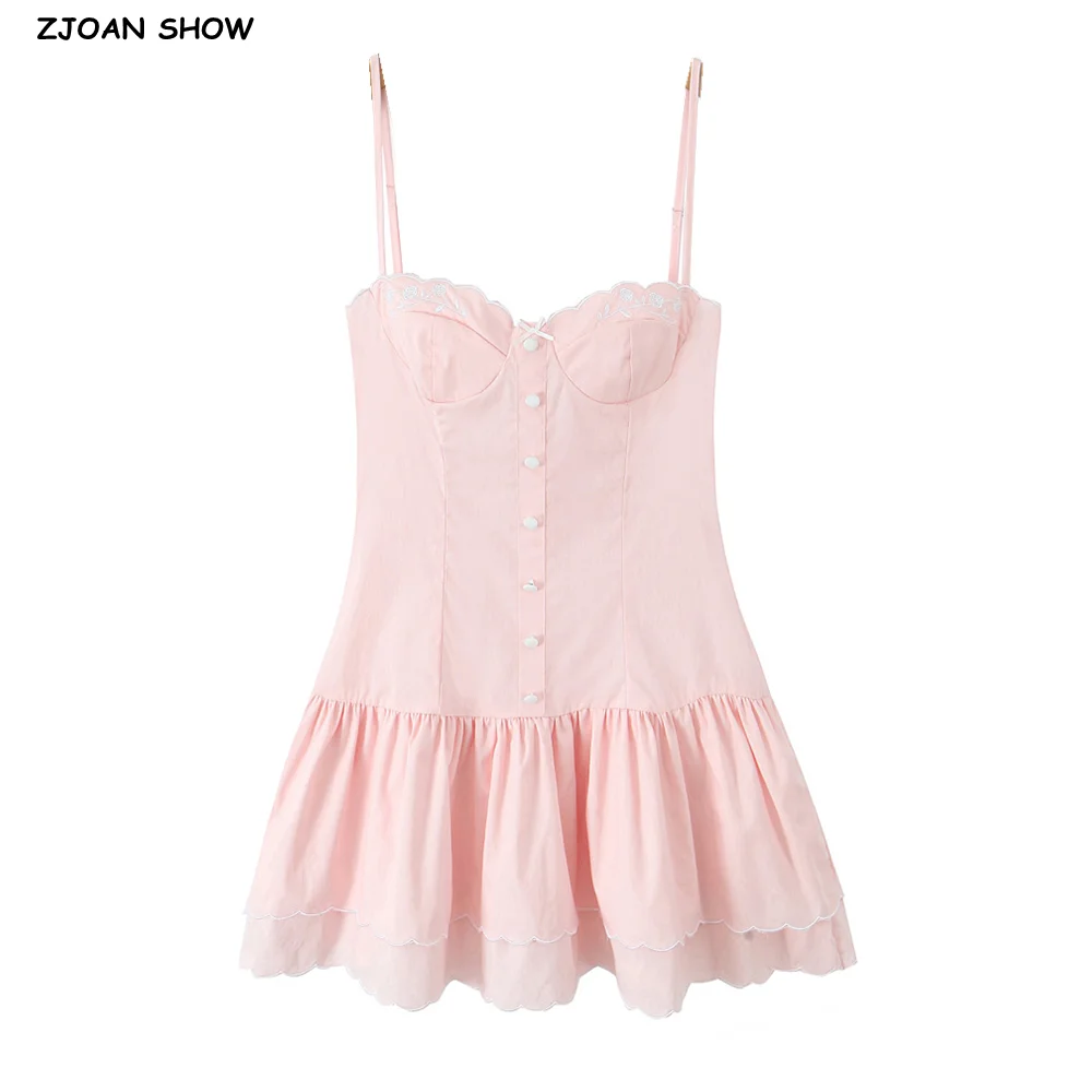 

2025 Pink Embroidery Floral Bra Corset Style Sling Dress Women Zipper Back 2 Layers Wave Hem Party Skater Mini Dresses Robe