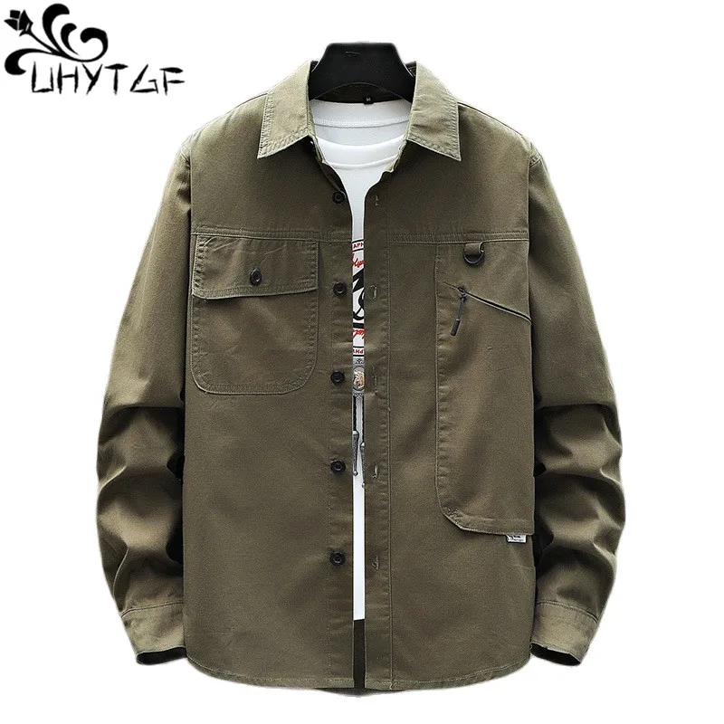 

UHYTGF 2023 New Spring Autumn Denim Shirt Jacket Men's Fashion Pocket Washing Jeans Blouses Male Tooling Thin Tops Coat 4XL 300