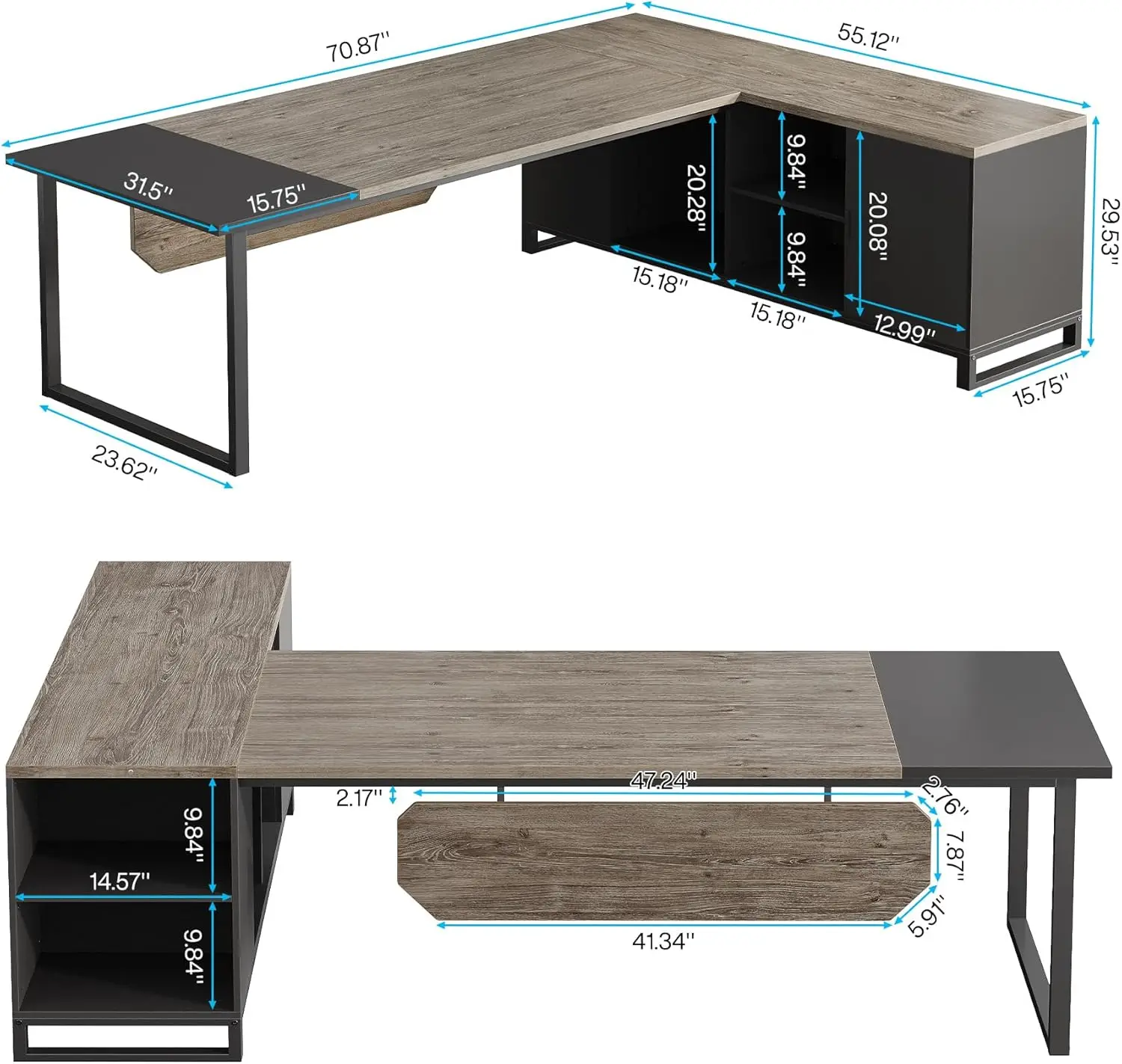 70.8-Inch Executive Desk  File Cabinet,Large L Shaped Computer Desk, Industrial L-Shaped Desk for Home Office,Retro Gray & Black