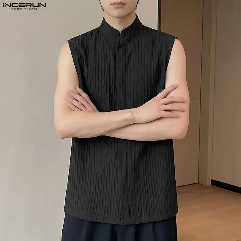 INCERUN Men's Shirt Solid Color Stand Collar Sleeveless Loose Men Clothes Korean Style Summer Streetwear Stylish Tops For Man