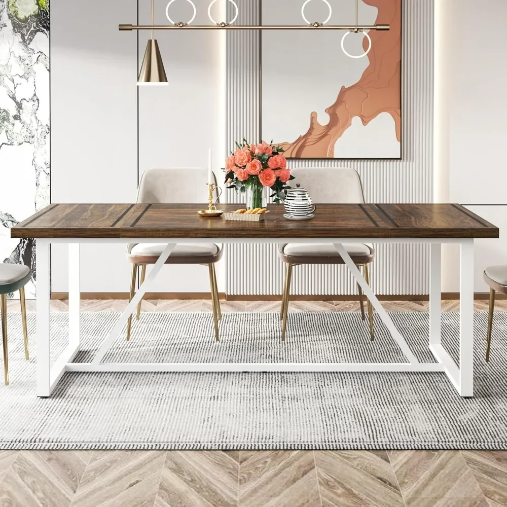 Mesa de jantar de 70,9 polegadas para 6 a 8, mesa de cozinha moderna, mesa de jantar retangular com base de metal branco