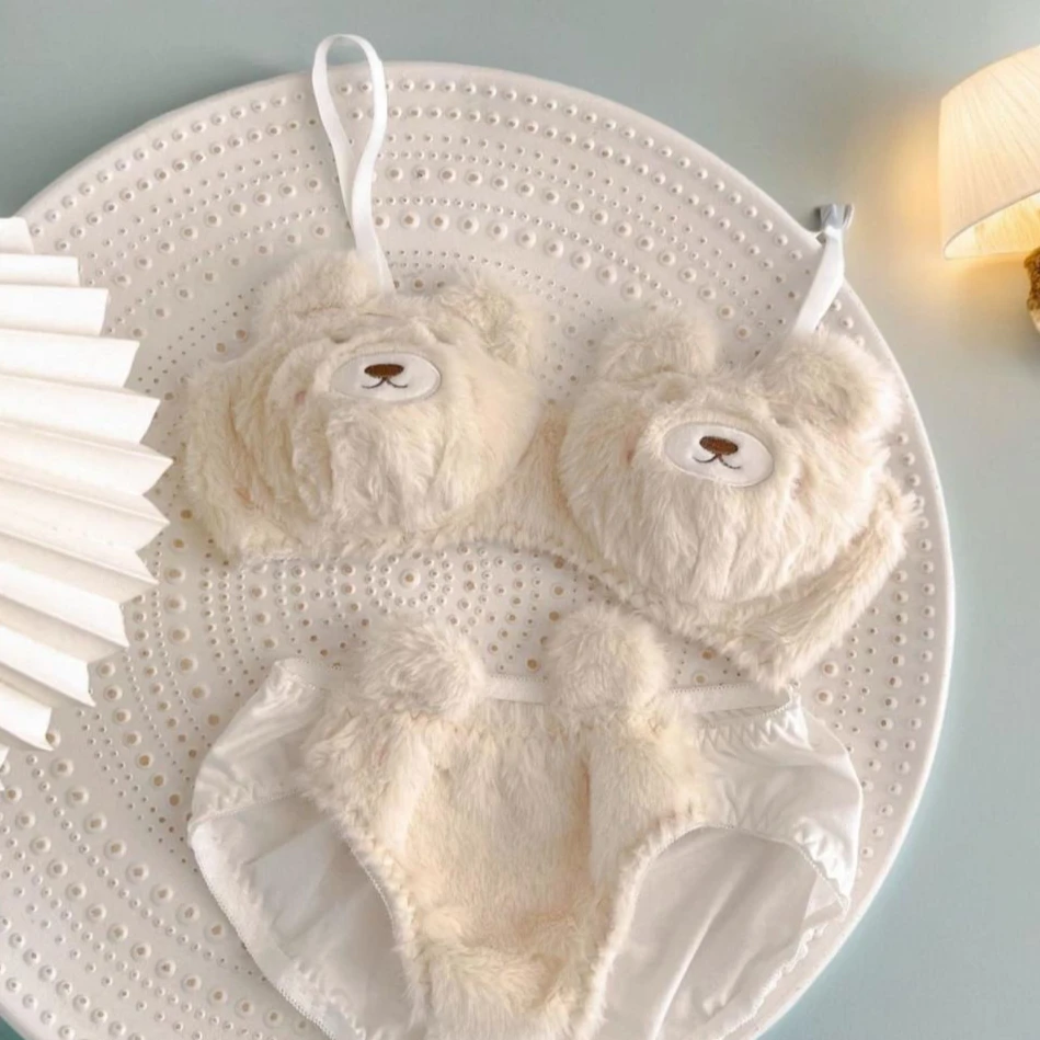 ملابس داخلية شتوية للنساء اليابانية لوليتا الطلاب الملابس الداخلية القطيفة مثير حمالات الصدر اللاسلكية الكرتون الدب القط الصدرية مجموعة هدية صديقة لينة #6