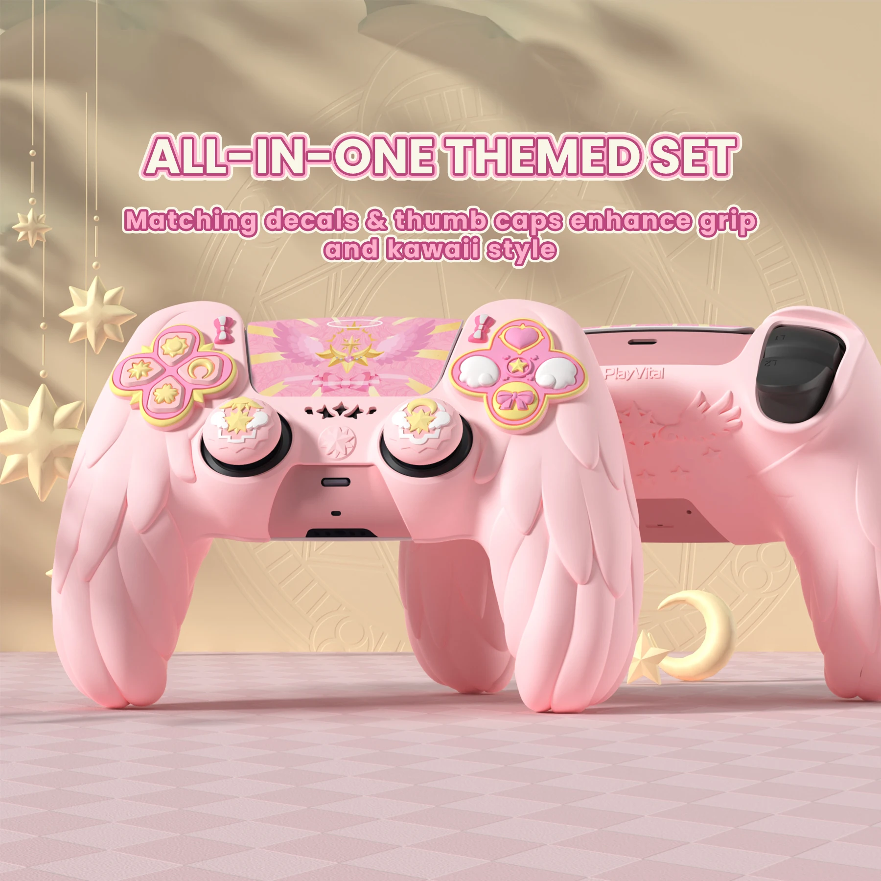 PlayVital Magic Wings Silicone Cover for PS5 Controller, Soft Anti-Slip Grip Skin with Thumbstick Caps & Stickers - Pink