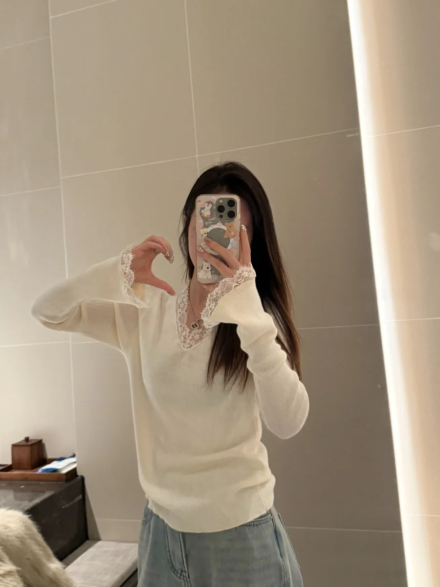 

Slimming V-Ne Lace Trim Patchwork Knitted Base Layer Sweater Bubble Bling Spring Autumn Winter Simple Sle Commute Faion