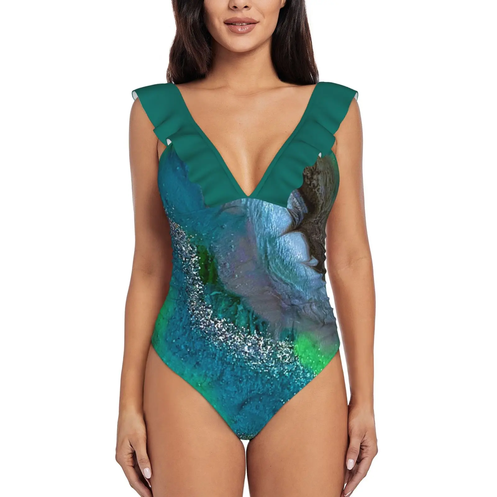 Earthly One Piece Swimsuit High Quality Swimwear Printed Push Up Monokini Summer Bathing Suit Geode Teal Lime Blue Silver