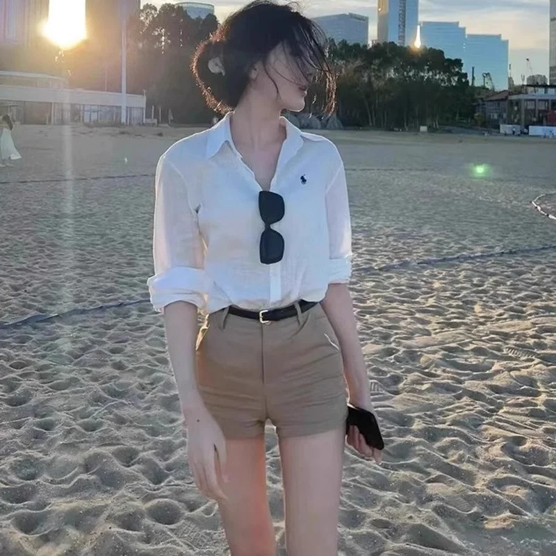 orts Vaqueros Cortos Estilo Americano para Mujer, Color Caqui, Elásticos, de Cintura Alta, Ajustados, Versátiles, para el V...