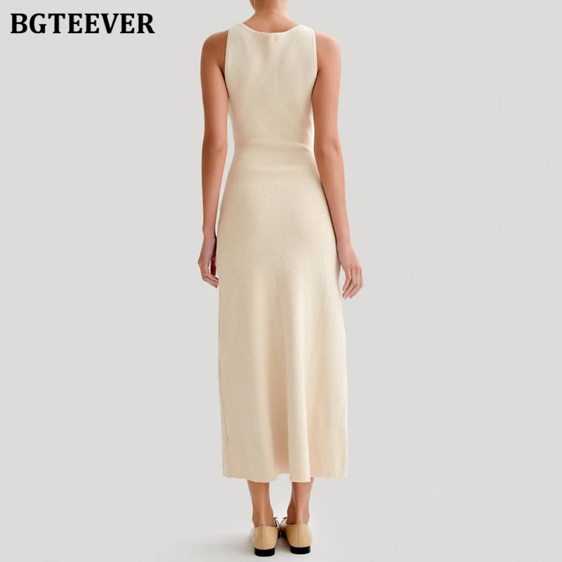 BGTEEVER elegante vestido de punto de un solo pecho con cuello redondo para mujer Primavera Verano vestido ajustado sin mangas para mujer