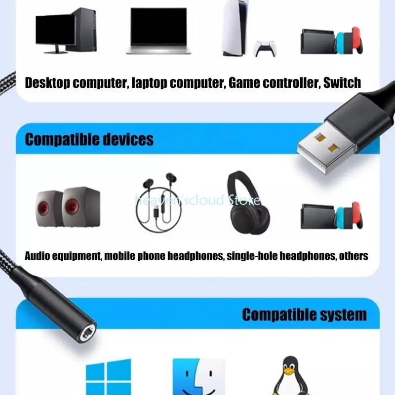 Y88B USB إلى 3.5 مم سماعات الرأس كابل سفر تصميم ودية التوافق على نطاق واسع لأنظمة متعددة