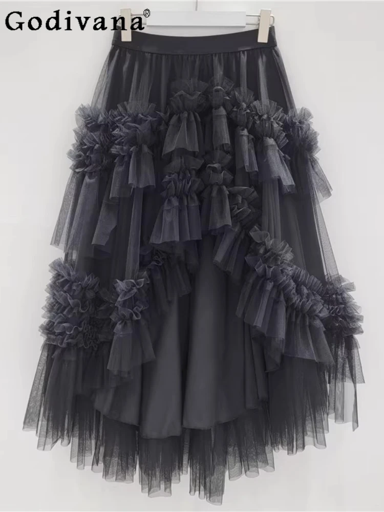 

Sweet Heavy Industry Ruffles Gauze Splicing Irregular Princess Cake Skirt Girl Summer Loose High Waist Age Reduction Long Skirts