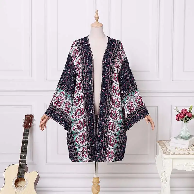 2024 New cardigan open front Bohemian ethnic style floral print women\'s kimono casual loose beach top spring and autumn coat