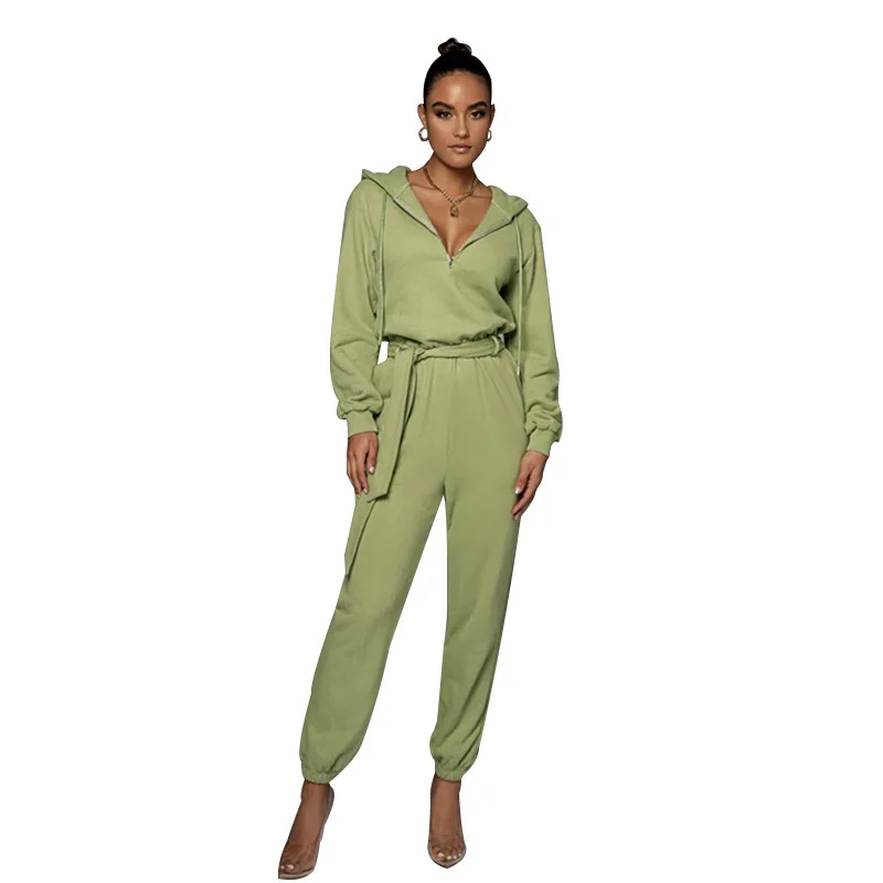 Autumn Winter Jumpsuits Women Solid Color Half Open Collar Zipper Drawstring Hooded High Waist Leace-up Jumpsuit Casual Female