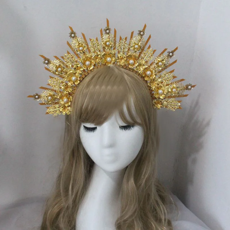 Diadema de Halo dorado, Tiaras de corona de madrina, tocado gótico de la Virgen María, accesorios para el cabello de diosa de las hadas