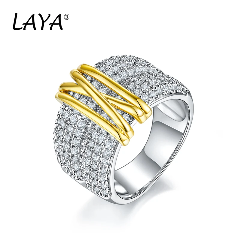 LAYA 100% 925 Sterling Silver Fashion Retro Light Gold Multi-Line Shining Zircon Ring For Men Women Party Exquisite Fine Jewelry