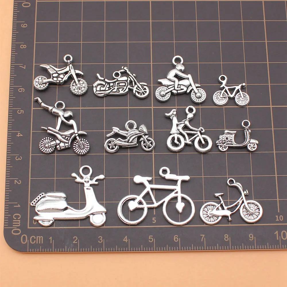 11pcs/lot Antique Silver Color Motorcycle Bicycle Electric Bicycle Charms Collection For Jewelry Making Car Pendant