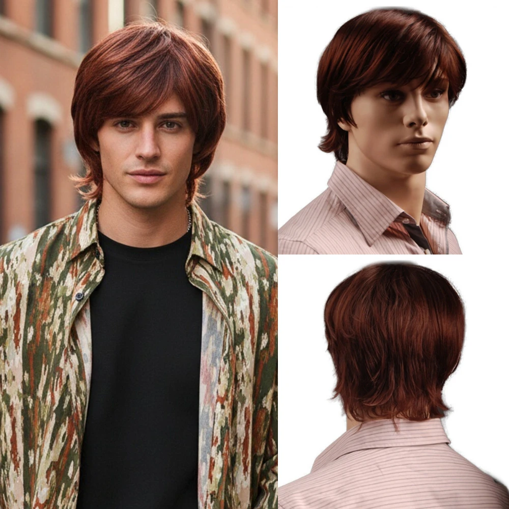 MSIWIGS 8 Inch Short Synthetic Wigs for Men Reddish Brown Straight Male Wig with Bangs Heat Resistant