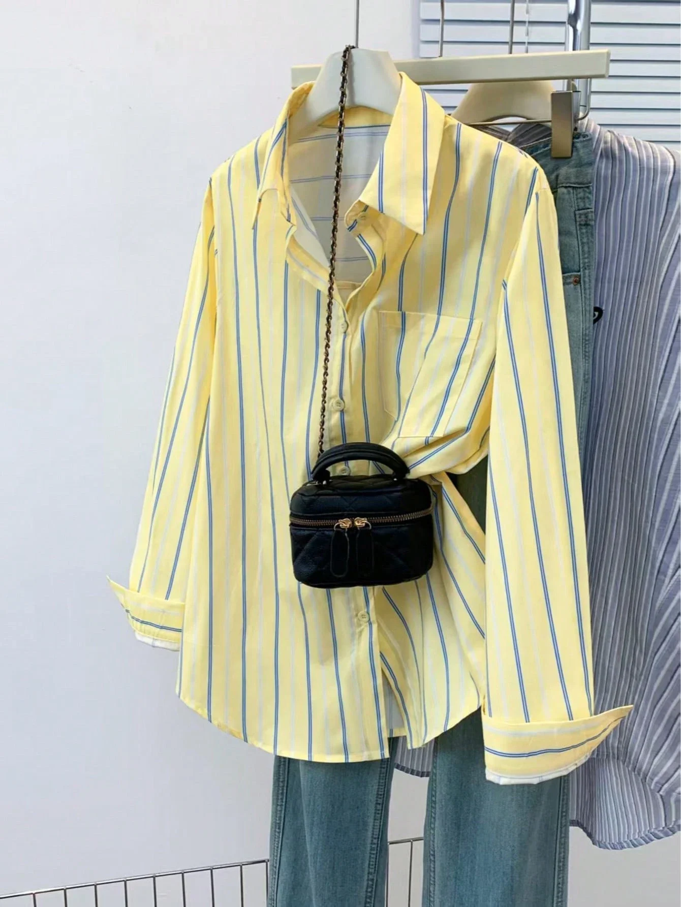 

Yellow Striped Button Down Shirt Women Loose Long Sleeve Casual Collared Office Shirt With Pocket