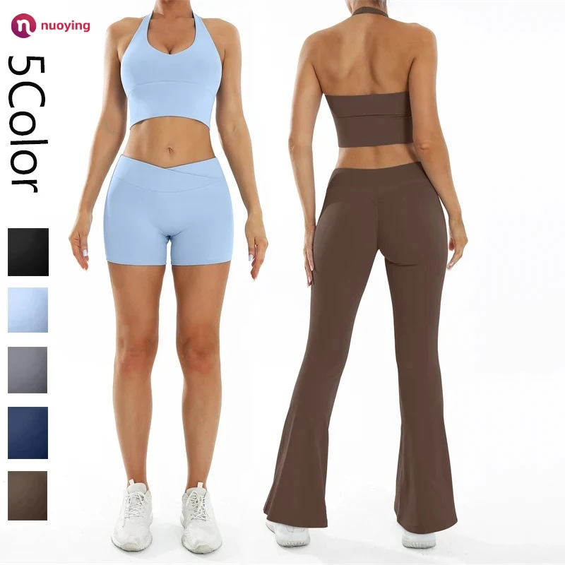 NUOYING Damen Fitness 2-Teiliges Outfit Scrunch-Design Sport-BH Schlaghose Bequeme Sportbekleidung für Workout Laufen Yoga Sport