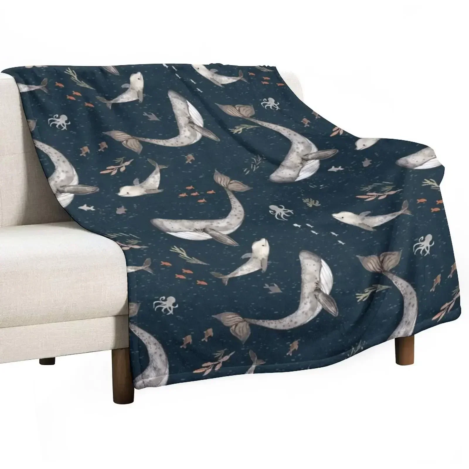 

Whales watercolor Throw Blanket Flannel Fabric cosplay anime Moving Blankets