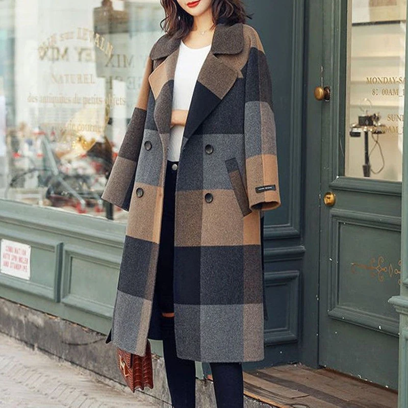 2023 Herbst Winter Frauen Vintage Plaid schnüren elegante Woll mantel koreanische Mode Zweireiher Langarm mittellange Jacke