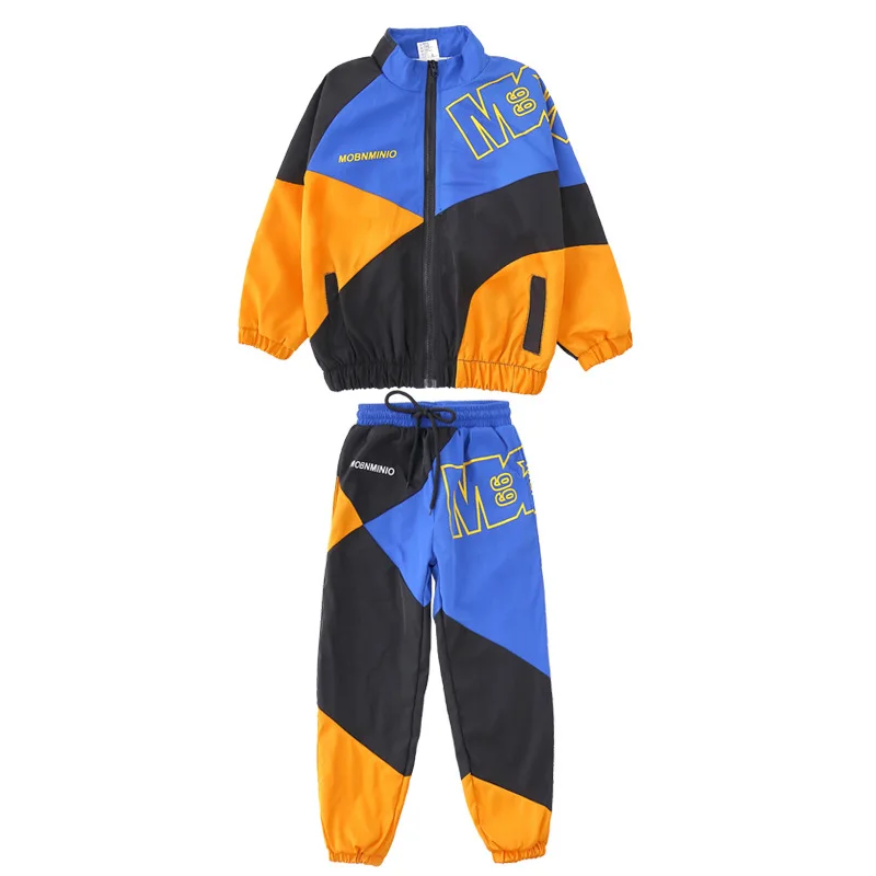 Boys Hip Hop Patchwork Jacket Girls Sport Pants Clothes Sets Kids Street Dance Joggers Contrast Color Costumes Streetwear Outfit