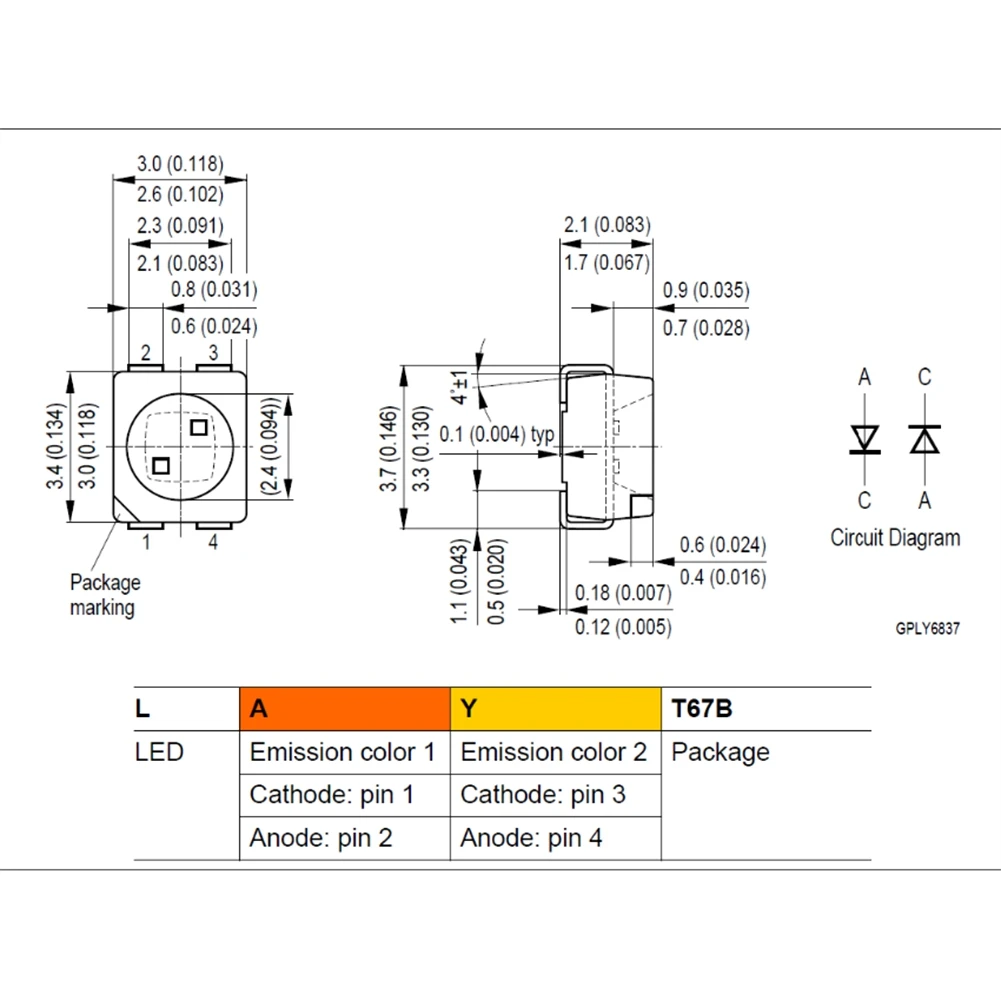 Barra de luz LED para iluminación trasera de piezas, accesorio de iluminación de 100 PLCC-4, 3528 ámbar + amarillo, 617Nm + 587Nm, 50MA, 2V, 0,1 W, Bicolor, SMD, LAYT67B