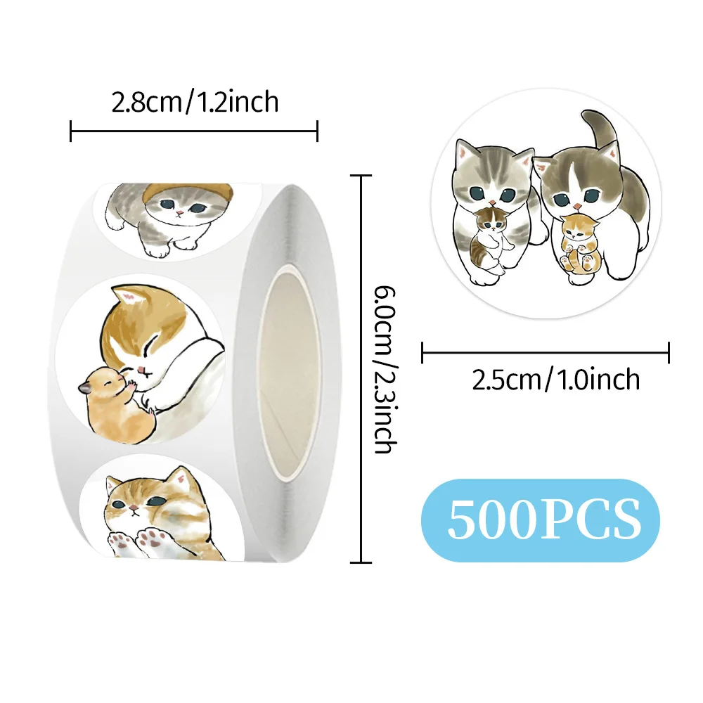 500 uds/rollo de pegatinas de sellado de dibujos animados de animales y gatos bonitos y divertidos, pegatinas de PVC para ordenador portátil, decoración, juguete de regalo de recompensa