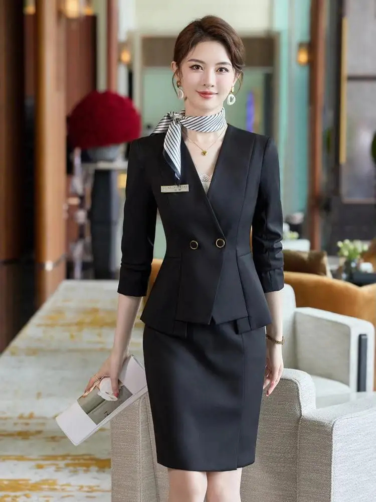 Gray Professional Women's Suit Set for Front Desk Reception Workwear High End Hotel Conference Jewelry Store Beauty Salon