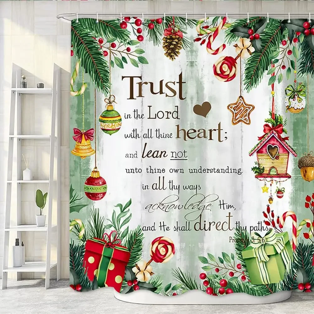 Christmas Shower Curtain, Christmas Balls with Pine Boughs Inspirational Quotes Rustic Wood Paneled Farmhouse Bathroom Curtains