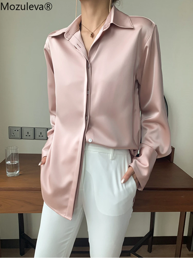 Mozuleva Stylish Loose Single-breasted Female Streamer Satin Shirts Tops Spring Summer Blusas Full Sleeve Women Solid Blouse