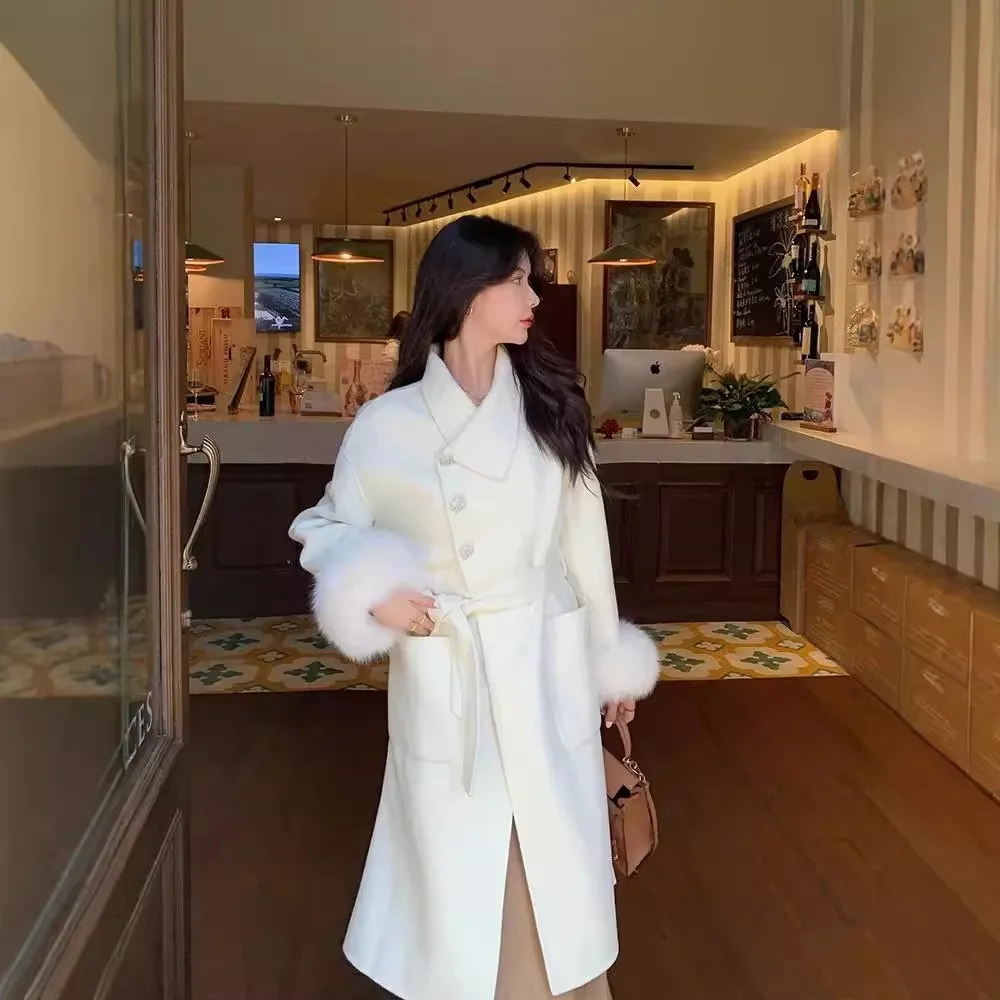 معطف كاشميري مزدوج الوجهين للنساء ، ياقة طويلة من فرو الثعلب ، جاكيت صوف ، فرو ثعلب حقيقي ، معطف صوف نسائي ، جديد ، الخريف والشتاء ، #1